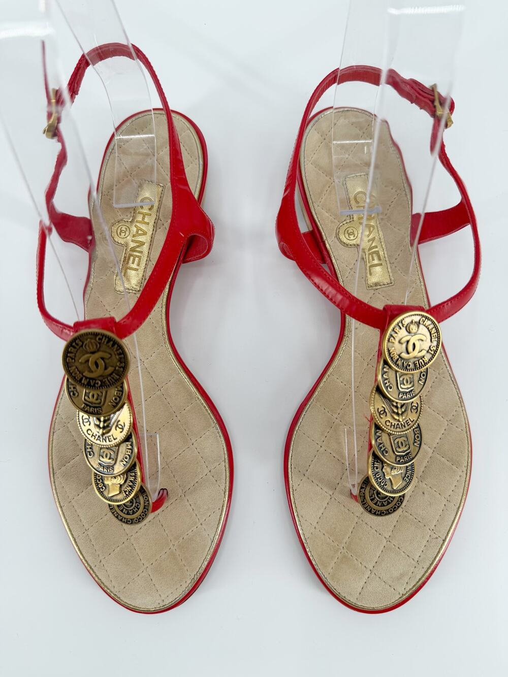 Chanel Red Leather Coin Embellished Thong Sandals Quilted CC Logo Flats 36 6
